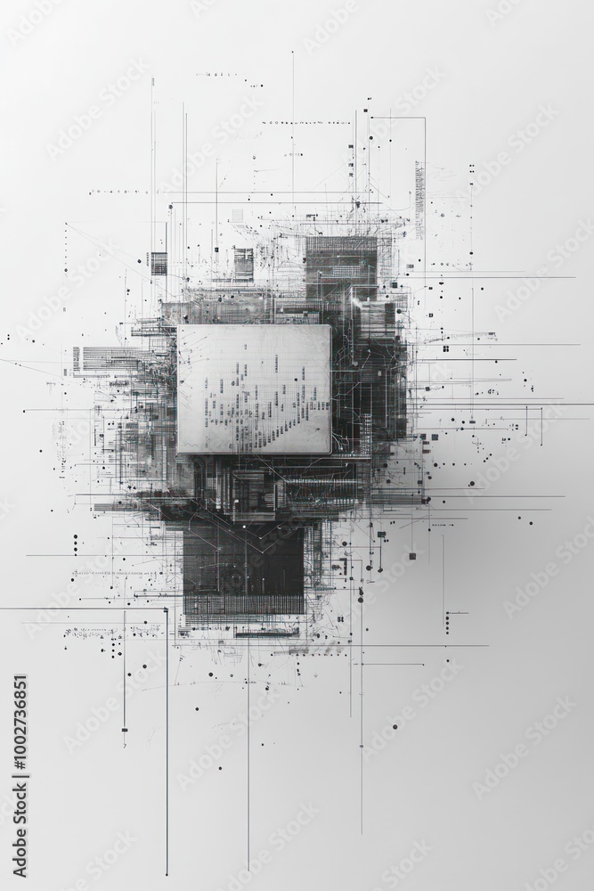 Poster abstract digital art with a white square in the center surrounded by black lines and shapes.