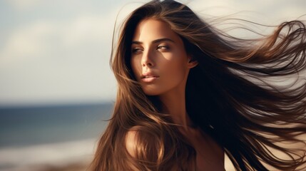 Fototapeta premium A stunning brunette with long flowing hair embraces the coastal breeze, her hair and expression epitomizing natural beauty and freedom.