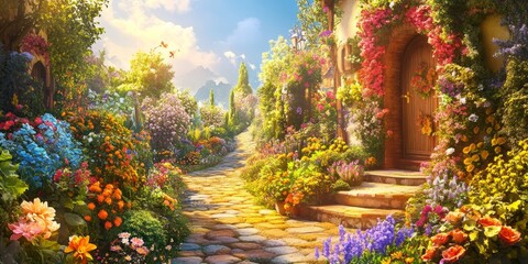 A whimsical depiction of a charming garden with colorful flowers and pathways, capturing the essence of beauty and peace