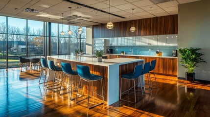 Fototapeta premium Modern office interior with wooden furniture and large windows