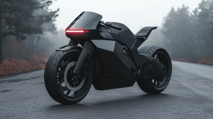 Ultra-modern motorcycle with a seamless carbon fiber frame, autonomous driving features, and augmented reality visor for navigation