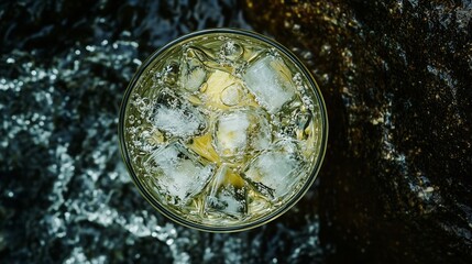 Obraz premium Refreshing drink with ice cubes sits on a rocky surface near flowing water on a sunny day in nature