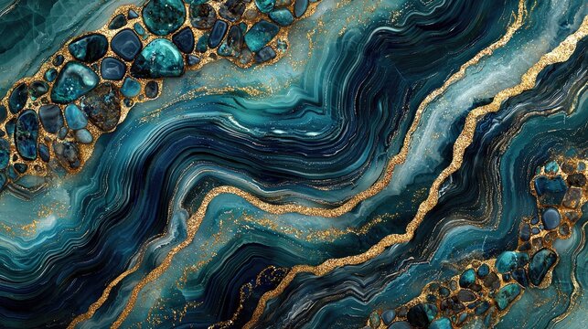 3w Create a fluid, wave-like composition where blue and green stones blend seamlessly with onyx and rich gold tones. The stones should flow 