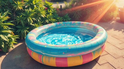 A vibrant, whimsical illustration of a colorful inflatable pool filled with bright blue water, surrounded by shimmering