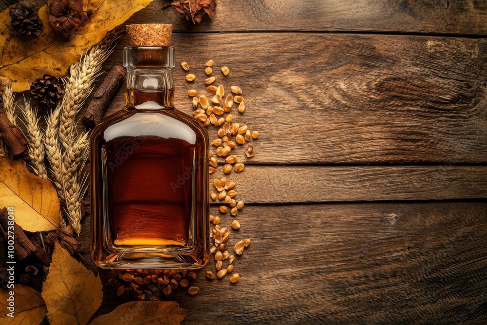 Poster A rustic close-up of a whiskey bottle surrounded by natural elements on a wooden table in a cozy autumn setting. Generative AI