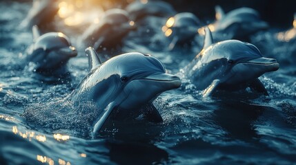 Dolphins swimming in the ocean during sunset