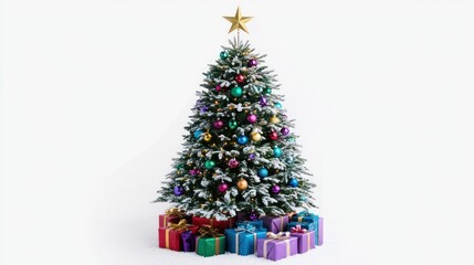 Obraz premium Decorated Christmas tree with gifts and a star on top, isolated on white background.