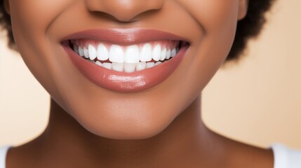 Obraz premium A close-up of a radiant smile with pearly white teeth showcasing excellent oral hygiene and a vibrant, confident expression.