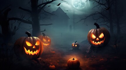 A haunting Halloween scene with glowing jack-o'-lanterns, eerie ghosts, and a full moon casting an ominous ambiance over a foggy, dark night.