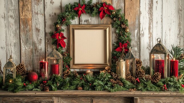 a beautiful farmhouse style decorated for Christmas mantle display for a mock up using 1 square wooden frame sized 10x10 among the decorations mid to dark tones of wood