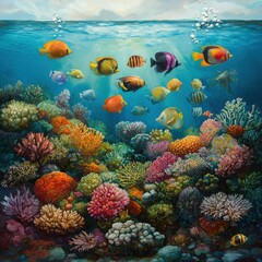 An underwater coral reef teeming with colorful fish, vibrant corals, and sunlight filtering through the water, showcasing the beauty of marine life