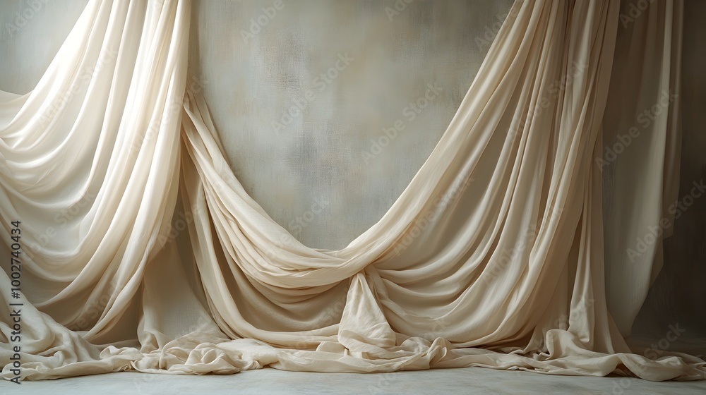 Poster soft and luxurious neutral draped fabric backdrop creating a sophisticated and minimalist studio env