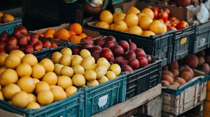 Fresh Fruit Displayed in Crates at a Market - Perfect for Culinary and Business Use