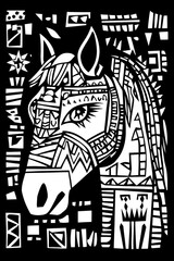 Fototapeta premium Black and white illustration of a horse's head with a geometric pattern.