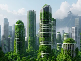 Fototapeta premium Futuristic eco-city where nature and technology blend, vertical gardens, solar panels on every building, and AI-managed transportation systems