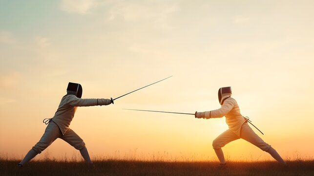 Two fencers engaged in a heated duel their swords raised high in a clash of steel silhouetted against a bright overcast sky that creates a dramatic effect