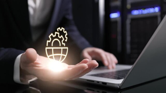 The gear and globe icon highlights how businesses leverage technology to operate globally, streamlining processes, and optimizing workflow through international cooperation