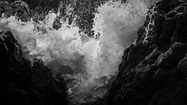 A close-up of a wave crashing on a rocky shore at sunset, with the warm light casting long shadows on the water and rocks