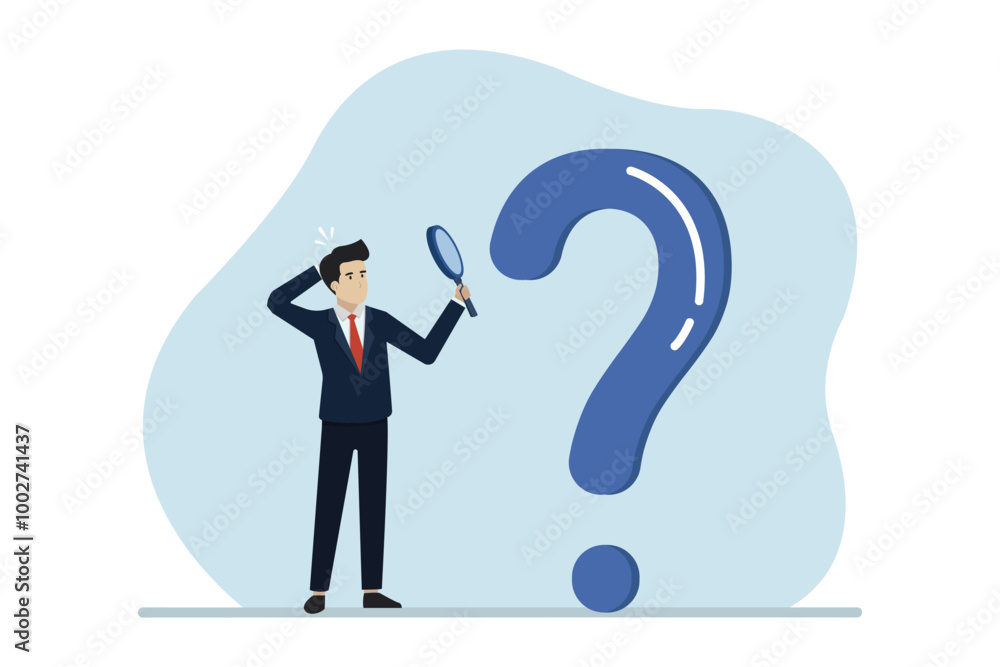 Poster looking for ideas to solve business problems. businessman looking for ideas on a big question mark u