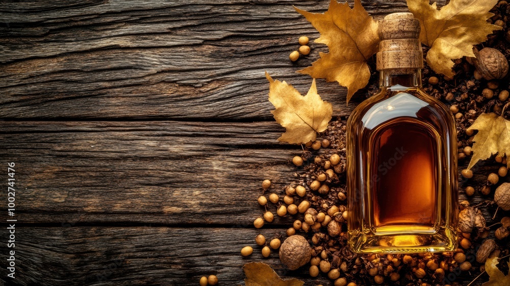Poster A close-up view of a whiskey bottle surrounded by autumn leaves and nuts on a rustic wooden table. Generative AI