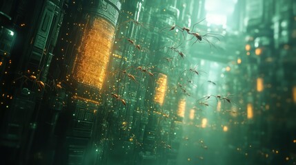 Obraz premium Sci-Fi Cityscape with Flying Insects
