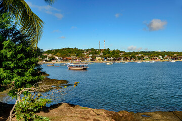 View of the city of Itacare in Bahia facing the sea with anchored boats