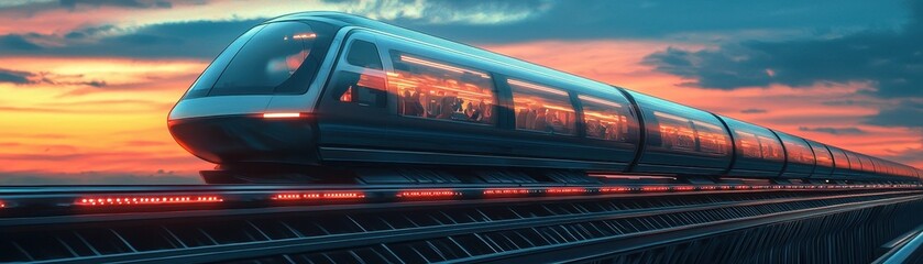 Fototapeta premium City of the future with floating parks, multi-level walkways, and shimmering light shows in the evening sky, fully automated transport systems