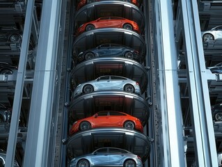 A vertical parking tower with rotating platforms, cars automatically lifted and stored by robotic arms, sleek metal design