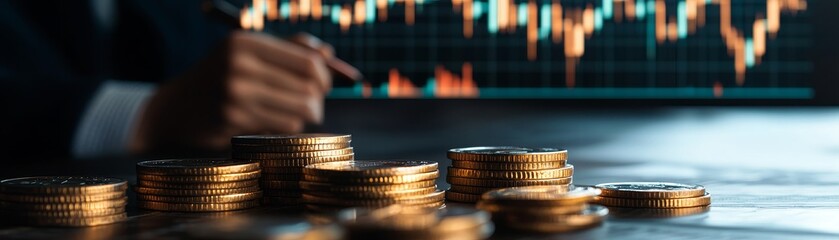 Close-up of hands analyzing coins with trading charts in the background.