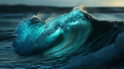 A close-up of a wave with bioluminescent algae glowing in the water, creating a magical