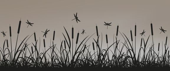 Reeds and dragonflies. Silhouette of lake reeds and flying dragonflies in black on a light background for your design. Vector illustration of EPS 10.
