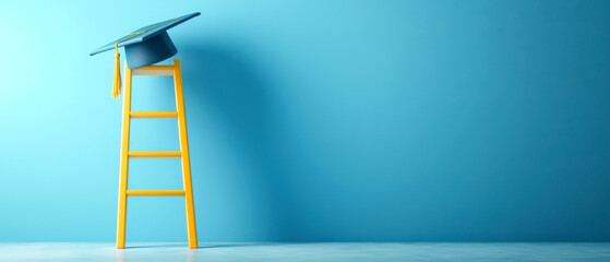 Vibrant yellow ladder supports a graduation cap against a serene blue background, symbolizing academic achievement and celebration.