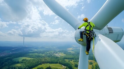 Technician in Safety Gear Performing Maintenance on Wind Turbine Blade at Height