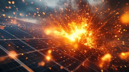 Obraz premium Fire explosion on solar panel surface with sparks and smoke.