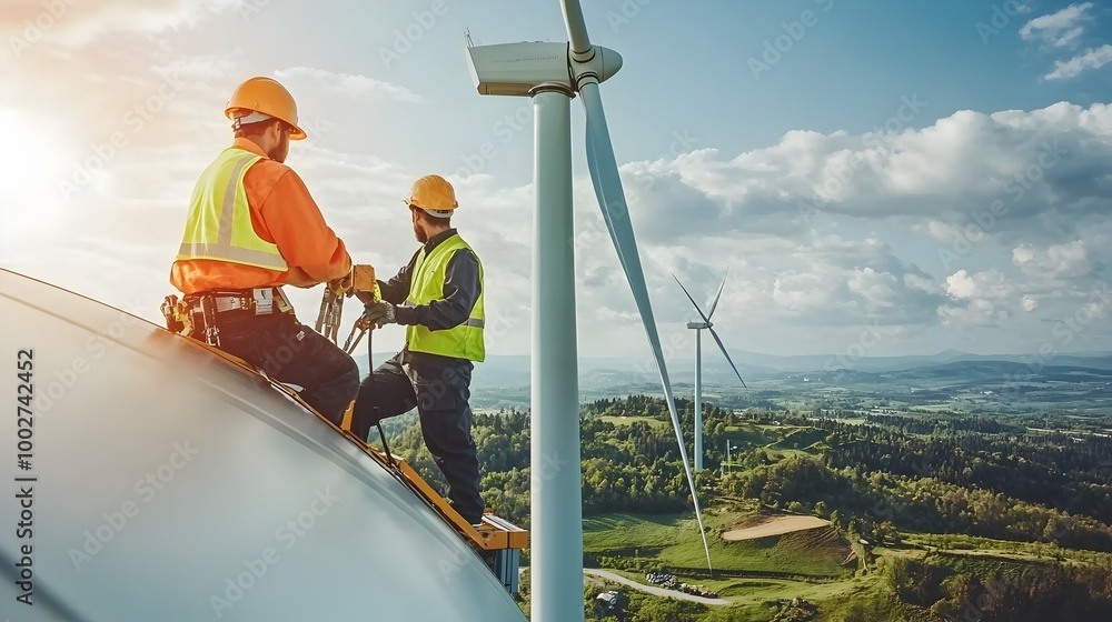 Poster technicians performing routine maintenance on wind turbine generator at base