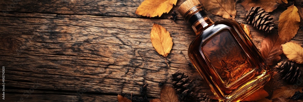 Aufkleber A close-up view of a whiskey bottle resting on a rustic wooden table surrounded by autumn leaves and pine cones. Generative AI