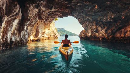 A kayaker exploring rocky cave in shallow sea
