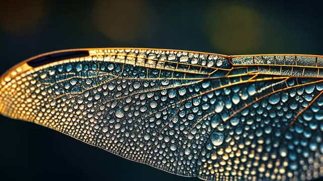 Close-up of a Dragonfly Wing with Dew Drops