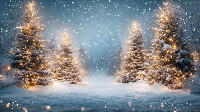 Enchanting Winter Wonderland with Twinkling Pine Trees and Snowy Landscape   A serene and captivating winter scene featuring a backdrop of frosty pine trees adorned with glowing lights