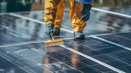 Worker in Safety Gear Cleaning Solar Panels on Rooftop for Maximum Efficiency