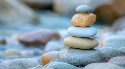 Fototapeta premium Stack of smooth gray and yellow stones on a pebble beach.