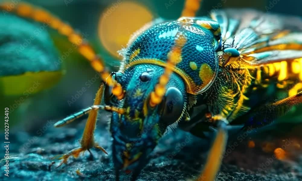 Poster bug with yellow and black spots is eating something on a rock. the bug is surrounded by light, which