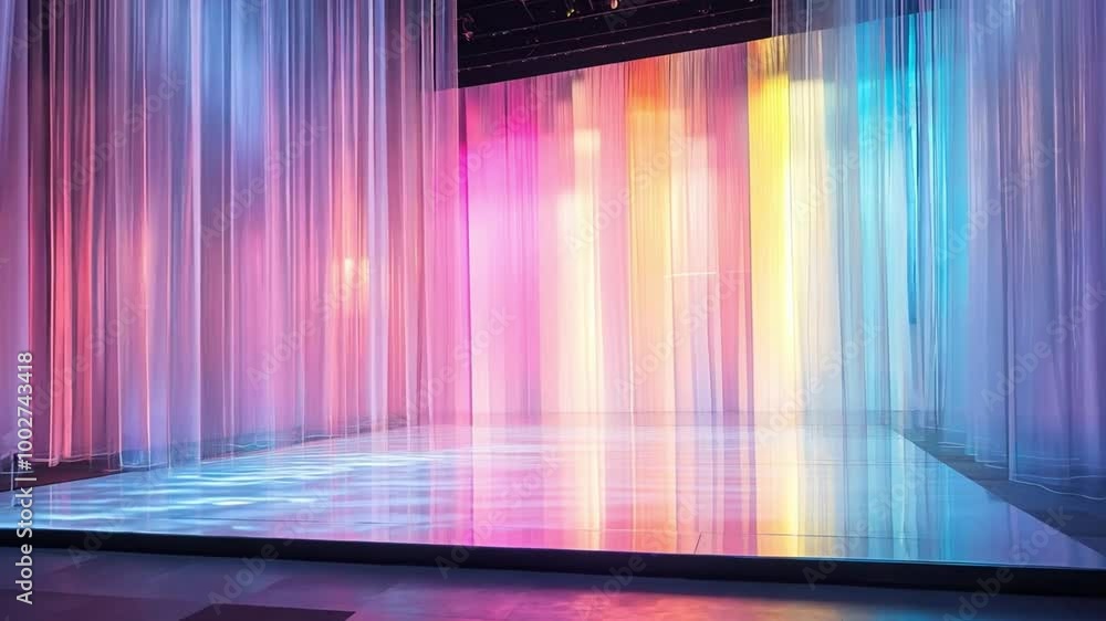 Poster light installation in art gallery showcases colorful hues and flowing fabric strips creating dynamic