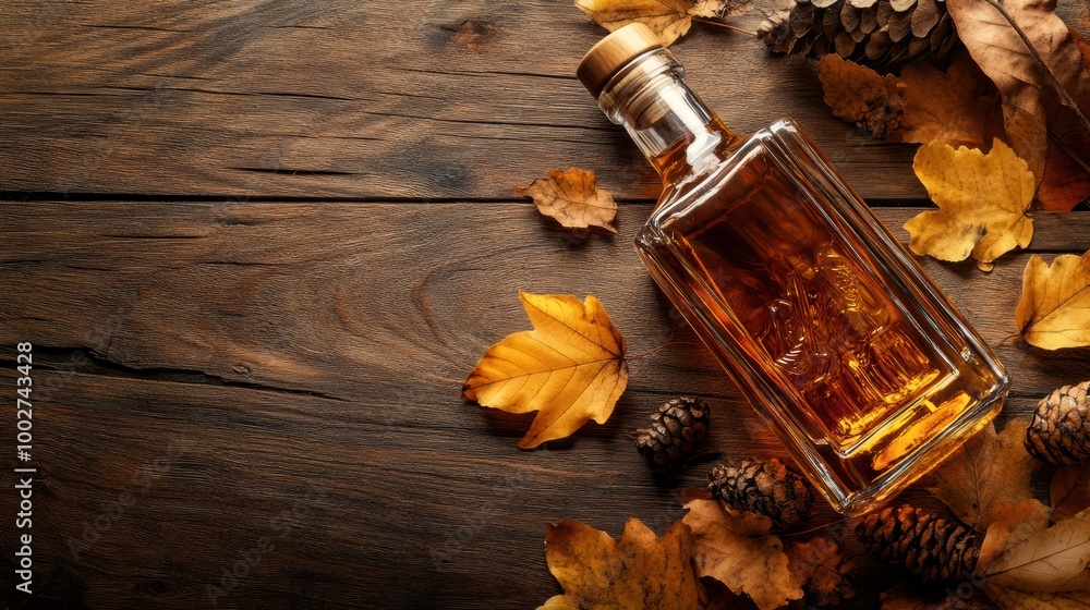 Poster A close-up view of a whiskey bottle surrounded by autumn leaves and pine cones on a wooden table during fall. Generative AI