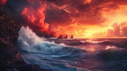 Fototapeta premium The coastline features rugged cliffs with waves crashing against them, illuminated by a vibrant sunset. Dark clouds create a dramatic backdrop to the scene
