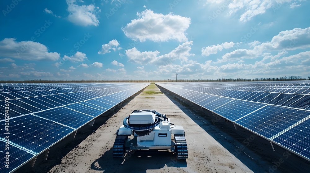 Poster automated robotic system cleaning rows of solar panels in a large solar farm