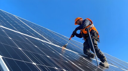 Worker Carefully Cleaning Rooftop Solar Panels on Sunny Day
