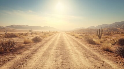 A dusty road winding through a vast, barren desert
