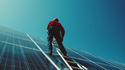 Professional Worker Carefully Maintaining Rooftop Solar Panels on Sunny Day