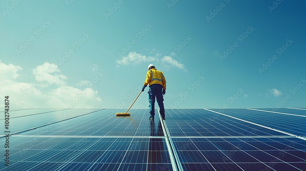 Poster worker cleaning solar panels in a field for maximum efficiency